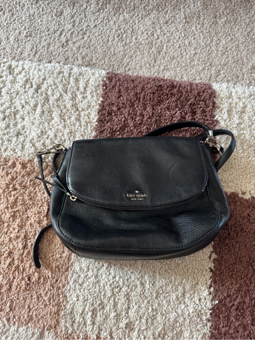 kate spade Black Pebbled Leather Flap Crossbody with Gold Hardware